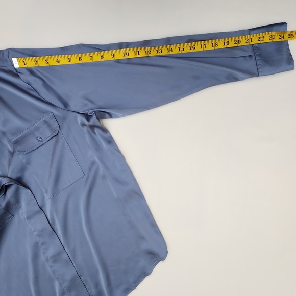 WHBM Long Sleeve Collar Pocket Shirt Button-Up in Steel Blue Satin Sz L  NWT - Picture 8 of 15